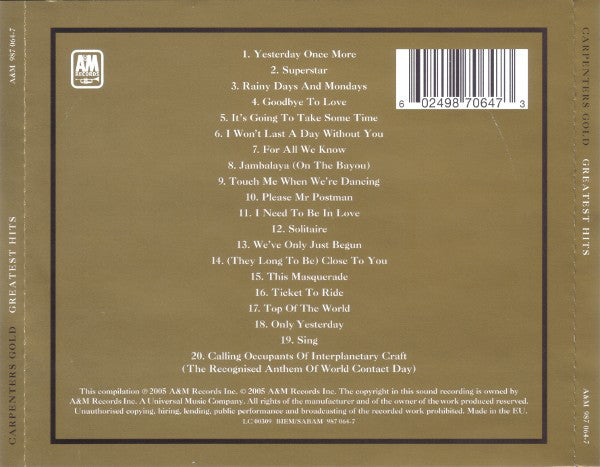 Carpenters : Carpenters Gold: Greatest Hits (CD, Comp, RE, S/Edition)