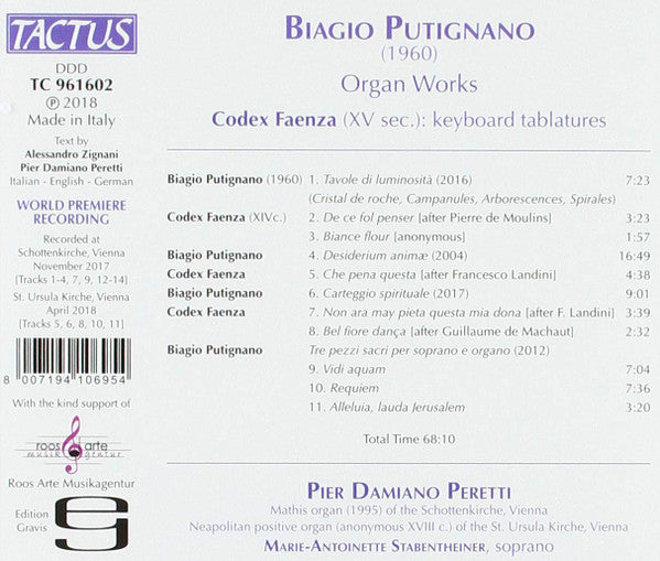 Biagio Putignano, Faenza Codex - Pier Damiano Peretti, Marie-Antoinette Stabentheiner : Organ Works / Keyboard Tablatures (CD, Album)
