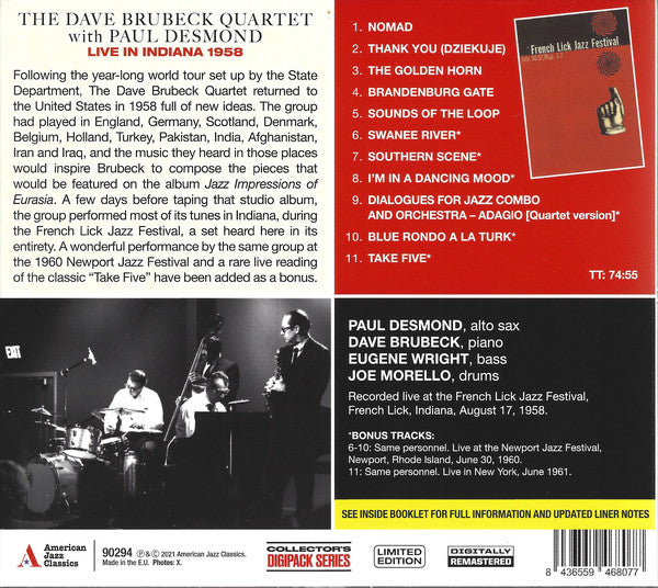 The Dave Brubeck Quartet : Live In Indiana 1958 (CD, Album, Ltd)