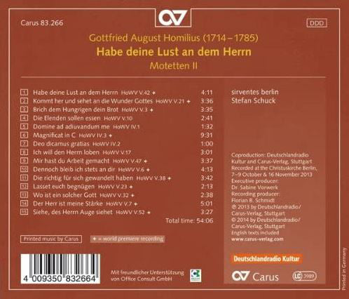 Gottfried August Homilius - sirventes berlin / Stefan Schuck : Habe Deine Lust An Dem Herrn (Motetten II) (CD, Album)
