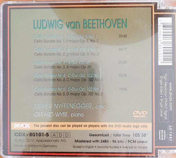 Ludwig van Beethoven, Esther Nyffenegger, Gérard Wyss : The Cello Sonatas (DVD-A)