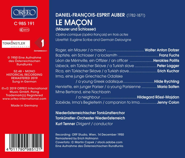 Daniel-Francois-Esprit Auber, Walter-Anton Dotzer, Franz Fuchs, Hilde Rössel-Majdan, Herakles Politis, Tonkünstler Orchestra : Le Maçon (CD, Mono)