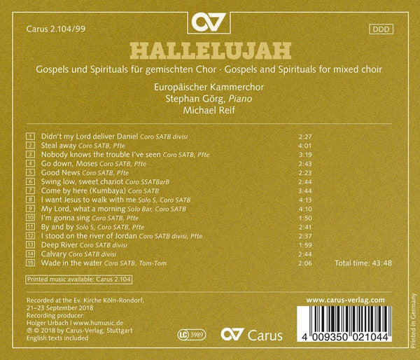 Europäischer Kammerchor, Michael Reif : Hallelujah: Gospels And Spirituals For Gemischten Choir (CD, Album)
