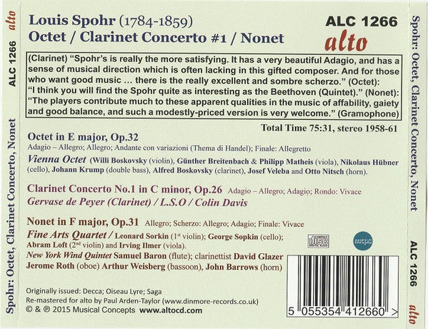 Louis Spohr : Octet / Clarinet Concerto #1 / Nonet (CD, RM)