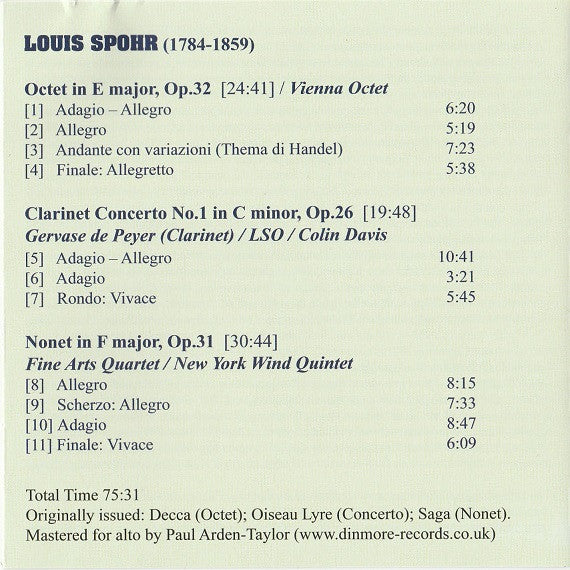 Louis Spohr : Octet / Clarinet Concerto #1 / Nonet (CD, RM)