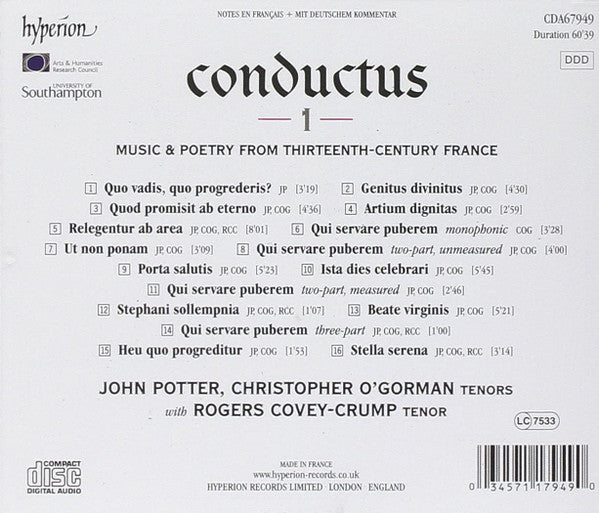 John Potter (2) · Christopher O'Gorman · Rogers Covey-Crump : Conductus - 1: Music & Poetry From Thirteenth-Century France (CD, Album)