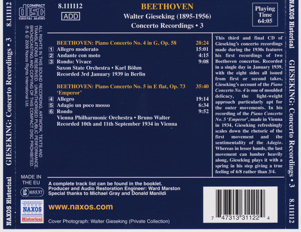 Walter Gieseking / Ludwig van Beethoven : Concerto Recordings 3 (CD, Comp, Mono)
