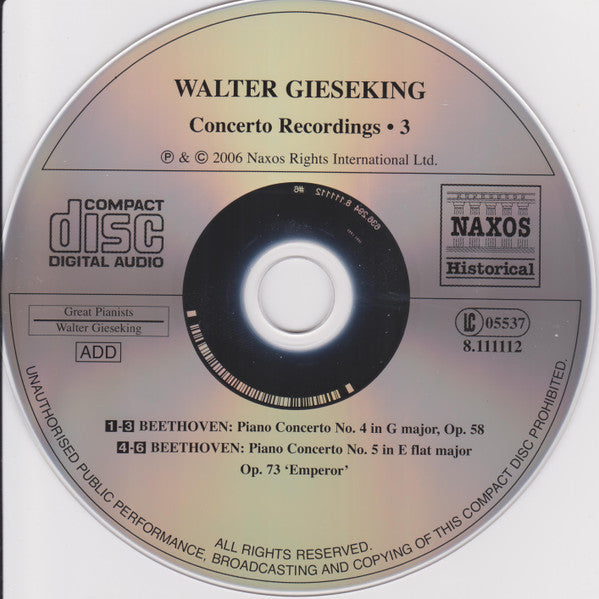 Walter Gieseking / Ludwig van Beethoven : Concerto Recordings 3 (CD, Comp, Mono)