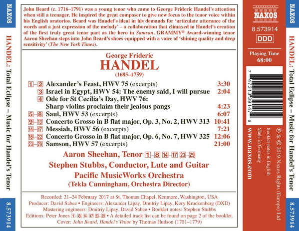Georg Friedrich Händel, Aaron Sheehan, Stephen Stubbs, Pacific Music Works : Total Eclipse - Music For Handel's Tenor (CD, Album)