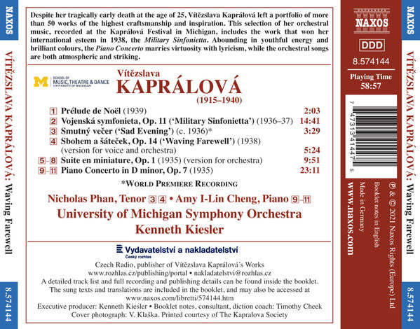 Vítězslava Kaprálová, Nicholas Phan, Amy I-Lin Cheng, The University Of Michigan Symphony Orchestra, Kenneth Kiesler : Waving Farewell (CD, Album)