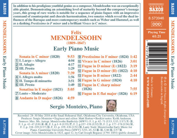 Felix Mendelssohn-Bartholdy, Sergio Monteiro : Early Piano Music (CD, Album)