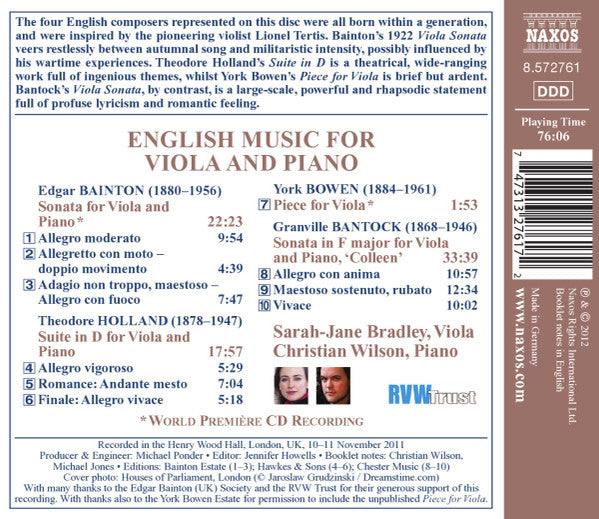 Edgar Leslie Bainton, Theodore Holland, York Bowen, Granville Bantock, Sarah-Jane Bradley, Christian Wilson (6) : English Music For Viola And Piano (CD)