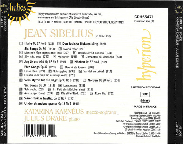 Jean Sibelius - Katarina Karnéus, Julius Drake : Sibelius Songs (CD, Album, RE)