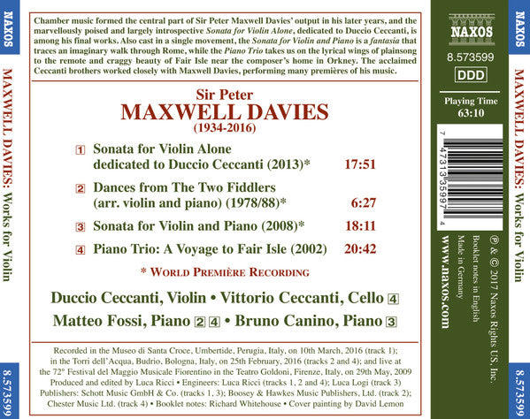 Peter Maxwell Davies, Duccio Ceccanti, Vittorio Ceccanti, Matteo Fossi, Bruno Canino : Works For Violin (CD, Album)