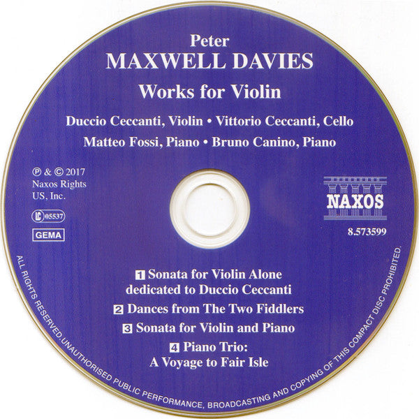 Peter Maxwell Davies, Duccio Ceccanti, Vittorio Ceccanti, Matteo Fossi, Bruno Canino : Works For Violin (CD, Album)