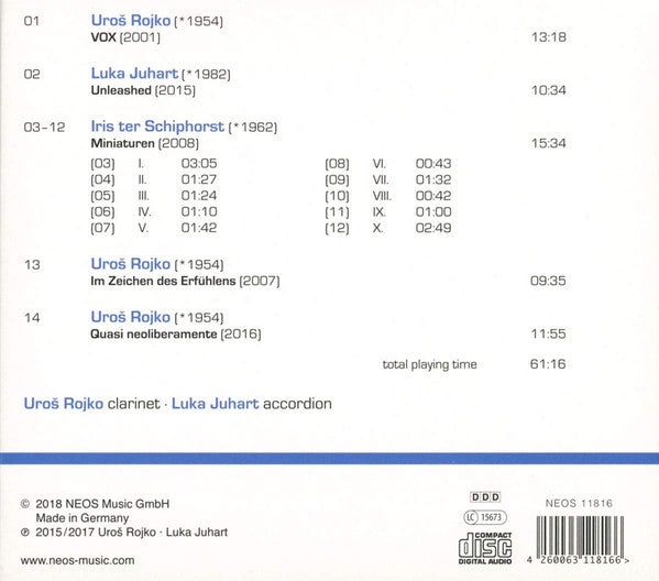 Uroš Rojko, Iris ter Schiphorst, Luka Juhart : Works For Clarinet And Accordion (CD, Album)