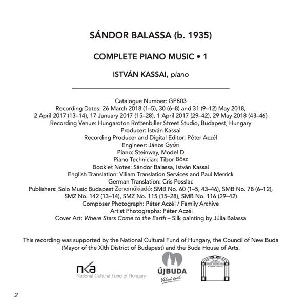 Sándor Balassa, Kassai István : Complete Piano Music • 1 (CD)