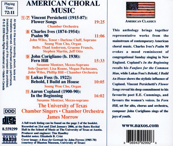 Vincent Persichetti, Charles Ives, John Corigliano, Lukas Foss, Aaron Copland - Susanne Mentzer, University of Texas Chamber Singers, James Morrow (3) : American Choral Music (CD)