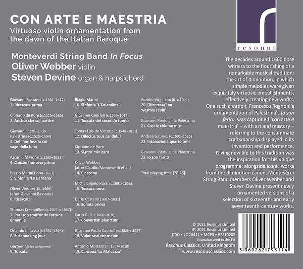 Monteverdi String Band, Oliver Webber, Steven Devine : Con Arte E Maestria - Vrituoso Violin Ornamentation From The Dawn Of The Italian Baroque (CD)
