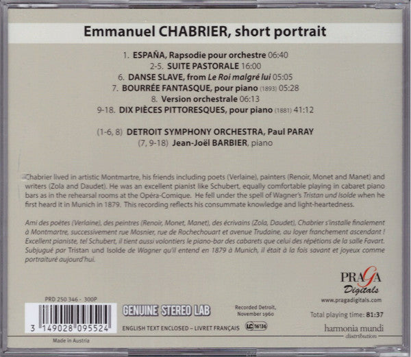 Emmanuel Chabrier, Detroit Symphony Orchestra, Paul Paray, Jean-Joël Barbier : Emmanuel Chabrier, Short Portrait (CD, Comp)
