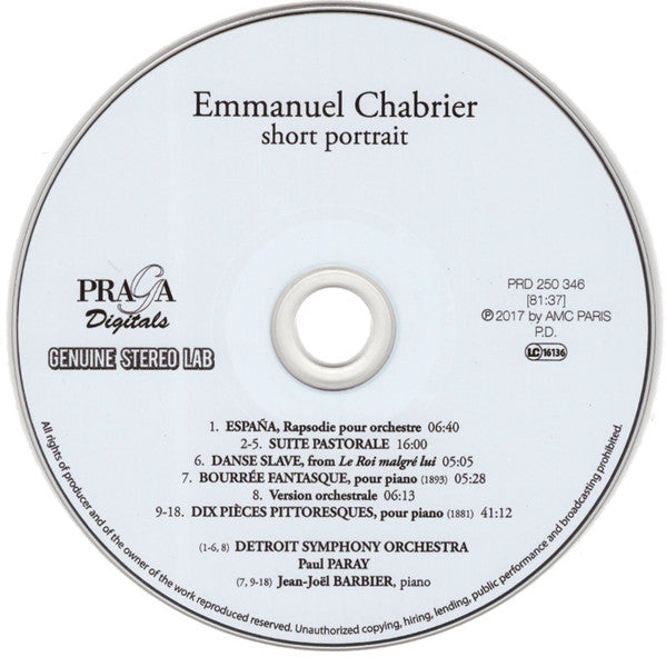 Emmanuel Chabrier, Detroit Symphony Orchestra, Paul Paray, Jean-Joël Barbier : Emmanuel Chabrier, Short Portrait (CD, Comp)