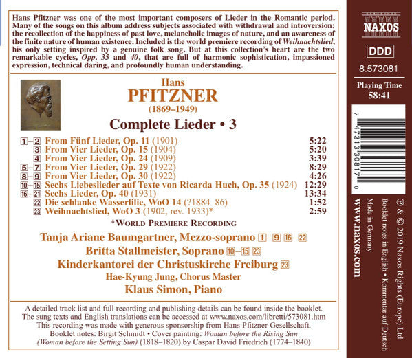 Hans Pfitzner, Tanja Ariane Baumgartner, Britta Stallmeister, Klaus Simon : Complete Lieder - 3 (CD, Album)
