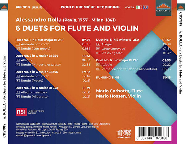 Alessandro Rolla, Mario Carbotta, Mario Hossen : 6 Duets For Flute And Violin (CD, Album)