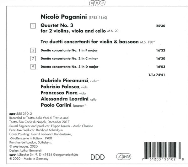 Niccolò Paganini  -  Gabriele Pieranunzi · Paolo Carlini, Fabrizio Falasca · Francesco Fiore (2) · Alessandra Leardini : String Quartet No. 3 - Three Duetti Concertanti (CD, Album)