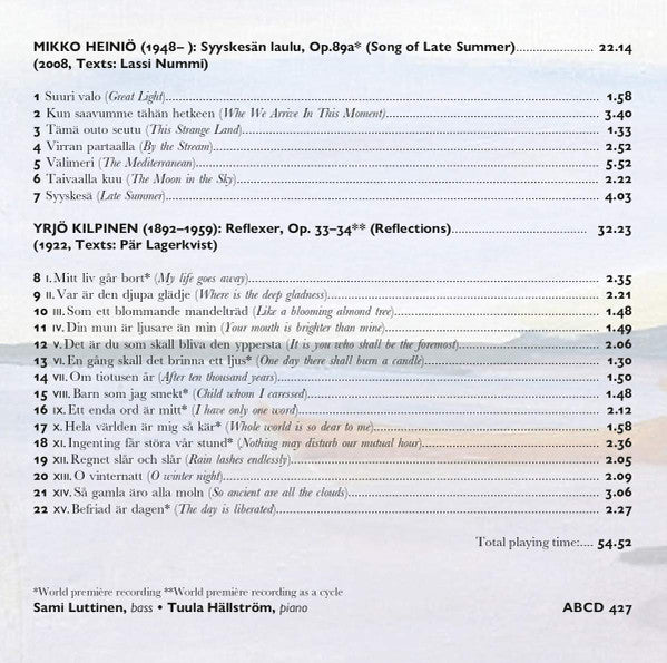 Mikko Heiniö & Yrjö Kilpinen, Sami Luttinen, Tuula Hällström : Songs Of Late Summer (CD, Album)