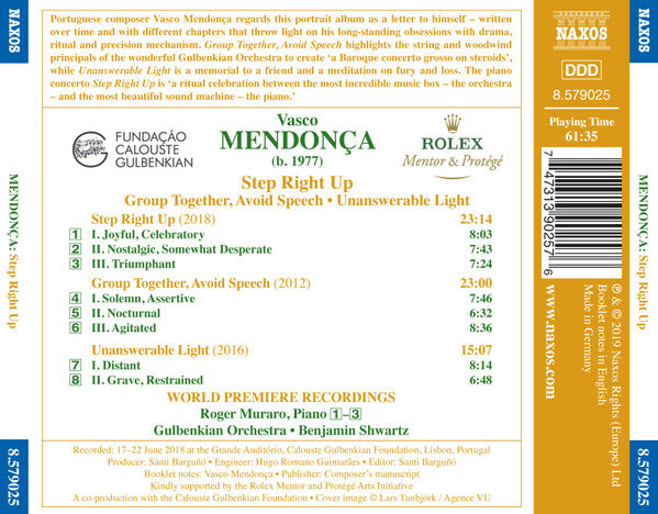 Vasco Mendonça, Roger Muraro, Gulbenkian Orchestra, Benjamin Shwartz (2) : Step Right Up (CD, Album)
