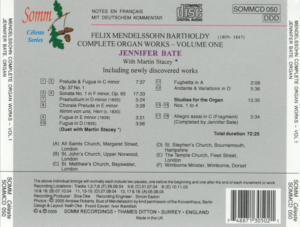 Felix Mendelssohn-Bartholdy - Jennifer Bate : Complete Organ Works Volume One (CD, Album)