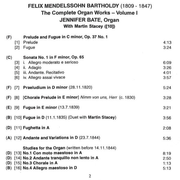 Felix Mendelssohn-Bartholdy - Jennifer Bate : Complete Organ Works Volume One (CD, Album)