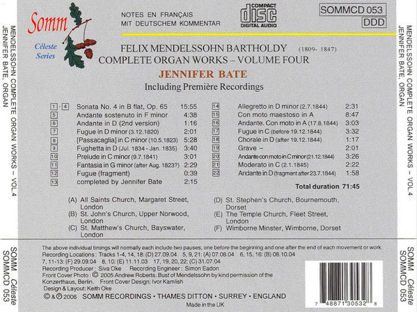 Felix Mendelssohn-Bartholdy - Jennifer Bate : Complete Organ Works Volume Four (CD, Album)