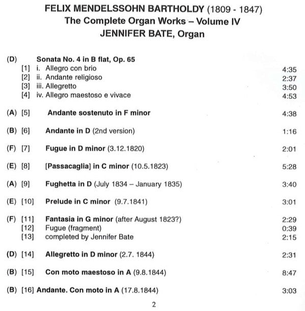 Felix Mendelssohn-Bartholdy - Jennifer Bate : Complete Organ Works Volume Four (CD, Album)
