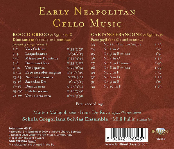 Rocco Greco (2) · Gaetano Francone - Matteo Malagoli · Irene De Ruvo · Schola Gregoriana Scivias Ensemble · Milli Fullin : Early Neapolitan Cello Music (CD, Album)