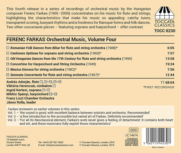 Farkas Ferenc - András Adorján, Ingrid Kertesi, Miklos Spanyi, Viktória Herencsár, Liszt Ferenc Chamber Orchestra : Orchestral Music, Volume Four: Music For Flute And Strings (CD, Album)