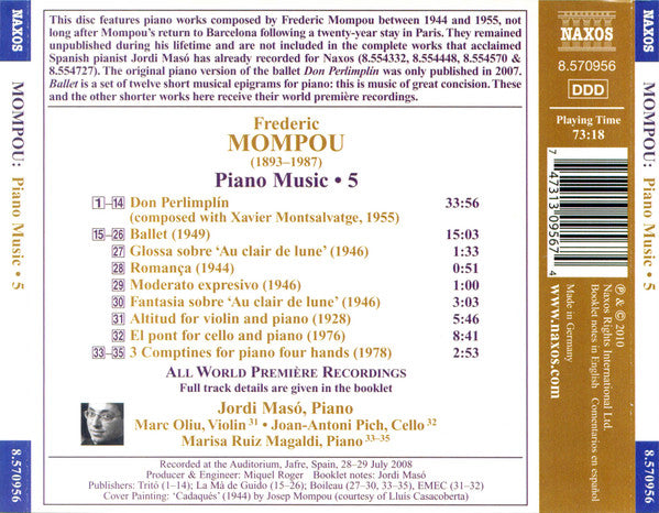 Frederic Mompou, Jordi Masó : Piano Music • 5 (CD, Album)
