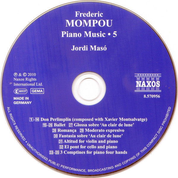 Frederic Mompou, Jordi Masó : Piano Music • 5 (CD, Album)