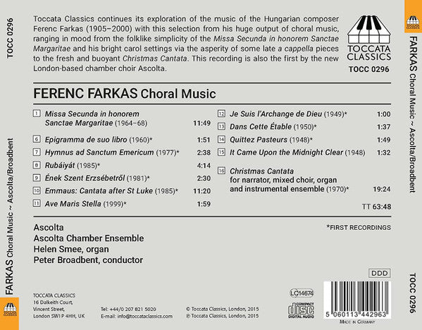 Farkas Ferenc - Ascolta (2), Ascolta Chamber Ensemble, Peter Broadbent : Choral Music (CD, Album)