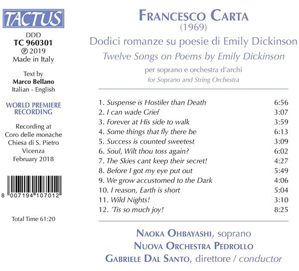 Francesco Carta, Naoka Ohbayashi, Nuova Orchestra Pedrollo, Gabriele Dal Santo : Dodici Romanze Su Poesie di Emily Dickinson (CD, Album)
