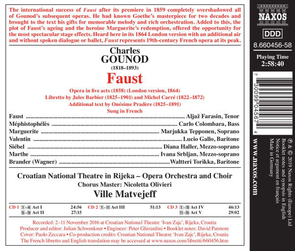 Charles Gounod, Aljaž Farasin, Carlo Colombara, Marjukka Tepponen, Lucio Gallo, Diana Haller, Ivana Srbljan, Waltteri Torikka, Orkestar Opere HNK Ivana Pl. Zajca Rijeka And Zbor Opere HNK Ivan Pl. Zajc, Ville Matvejeff : Faust (1864 Version) (3xCD, Album)