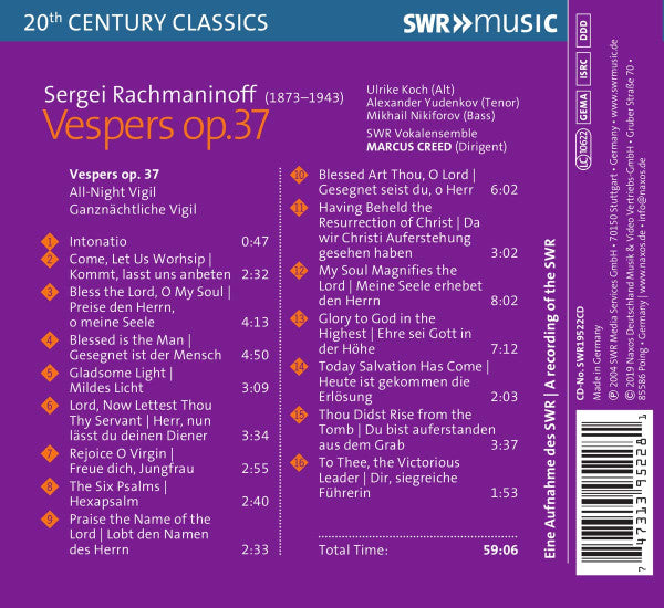 Sergei Rachmaninoff - SWR Vokalensemble Stuttgart, Marcus Creed : Vespers, Op. 37 (CD, Album, RE)