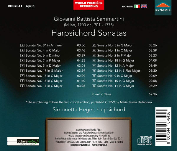 Giovanni Sammartini, Simonetta Heger : Harpsichord Sonatas (CD, Album)