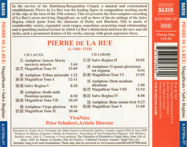 Pierre de la Rue - VivaVoce (Montreal) : Peter Schubert (2) : The Complete Magnificats / Three Salve Reginas (2xCD, Album)