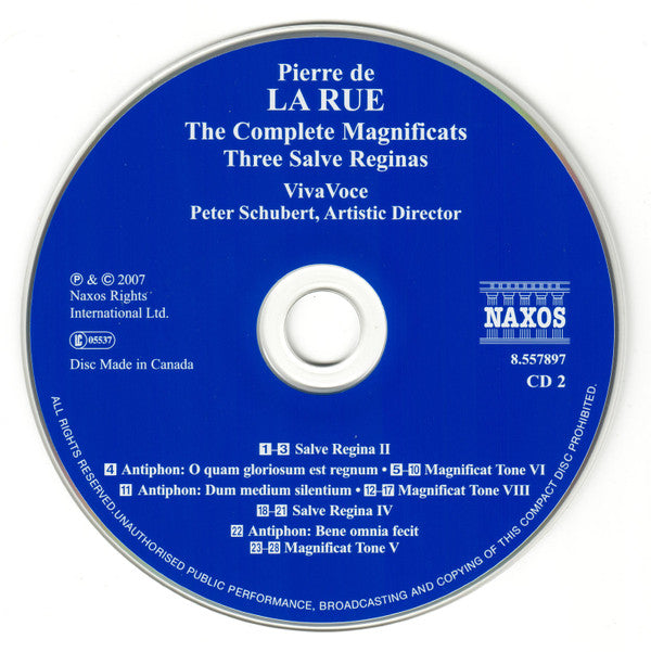 Pierre de la Rue - VivaVoce (Montreal) : Peter Schubert (2) : The Complete Magnificats / Three Salve Reginas (2xCD, Album)