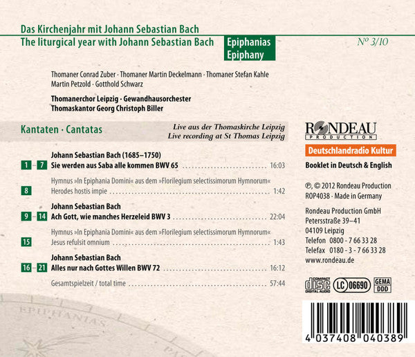 Johann Sebastian Bach - Thomanerchor, Gewandhausorchester Leipzig, Georg Christoph Biller : Kantaten • Cantatas BWV 3, 65, 72 (CD, Album)