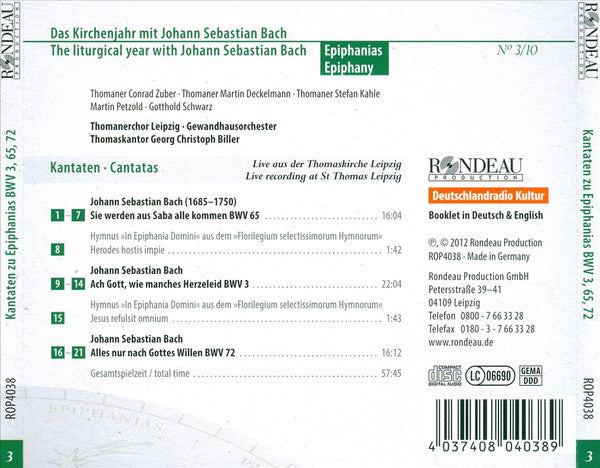 Johann Sebastian Bach - Thomanerchor, Gewandhausorchester Leipzig, Georg Christoph Biller : Kantaten • Cantatas BWV 3, 65, 72 (CD, Album)