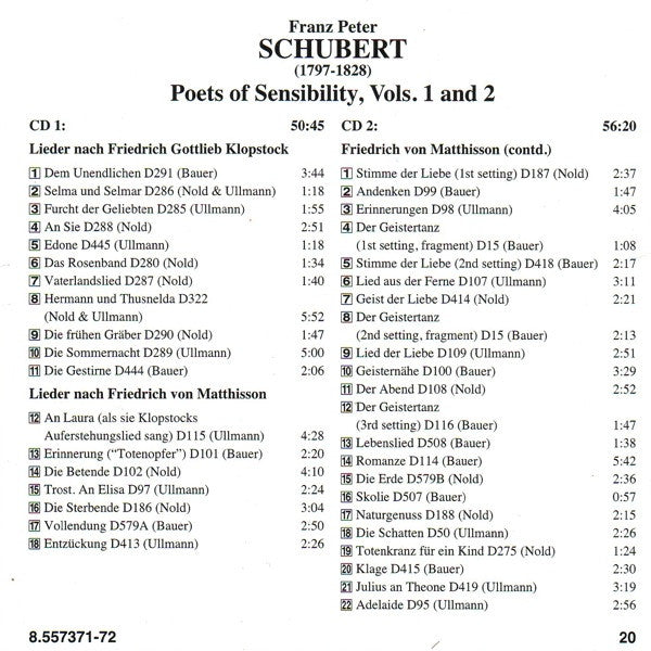 Franz Schubert - Simone Nold, Marcus Ullmann, Thomas E. Bauer, Ulrich Eisenlohr : Poets Of Sensibility, Vols. 1 And 2 (2xCD)