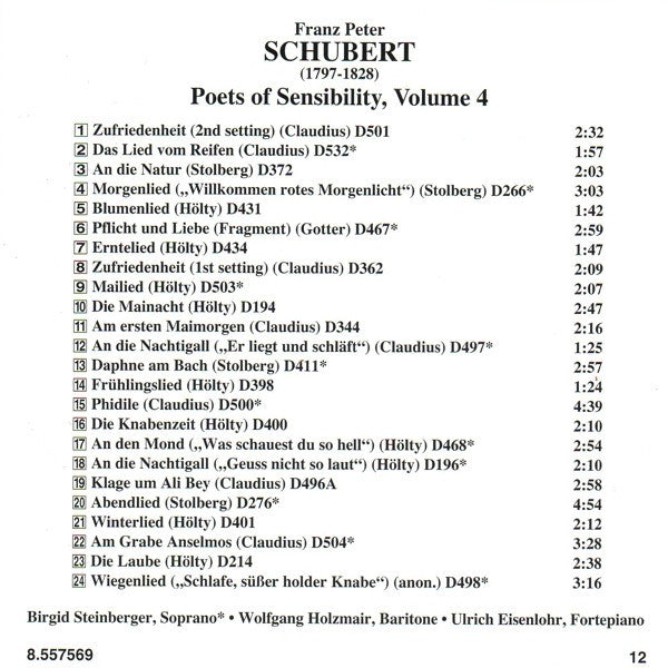 Franz Schubert - Birgid Steinberger, Wolfgang Holzmair, Ulrich Eisenlohr : Poets Of Sensibility, Volume 4 (CD)