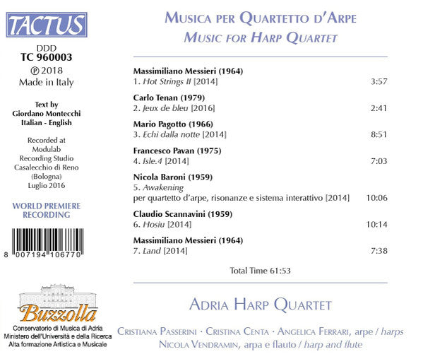 Nicola Baroni, Massimiliano Messieri, Mario Pagotto, Francesco Pavan, Claudio Scannavini, Carlo Tenan, Adria Harp Quartet : Musica Per Quartetto D'Arpe = Music For Harp Quartet (CD)